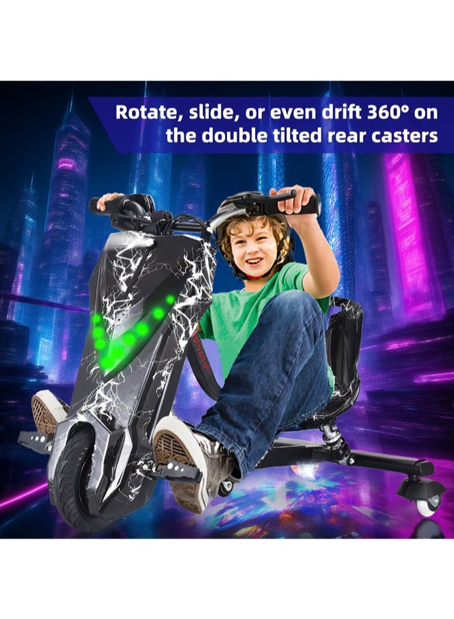 Denzoz Mini electric scooter, electric drift scooter that can carry up to 80 kg, play your own custom music via Bluetooth and adjust three speeds with LED lights and power display, equipped with three wheels - Image 2