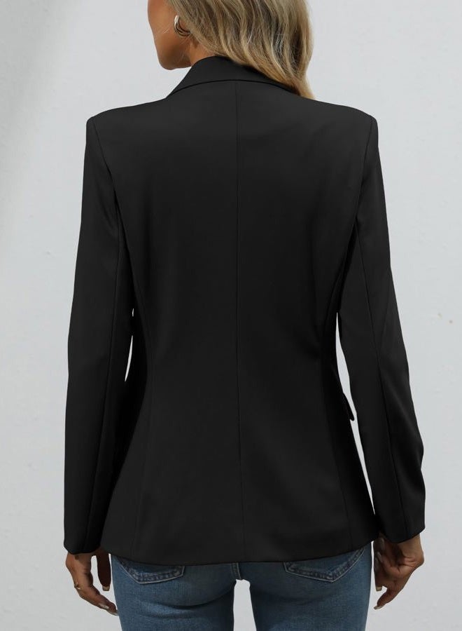 ELLEVEN Women's Knit Blazer for Business Casual, Stretchy Slim Fit Work Office Suit Jackets with Pockets, Black, S - Image 2