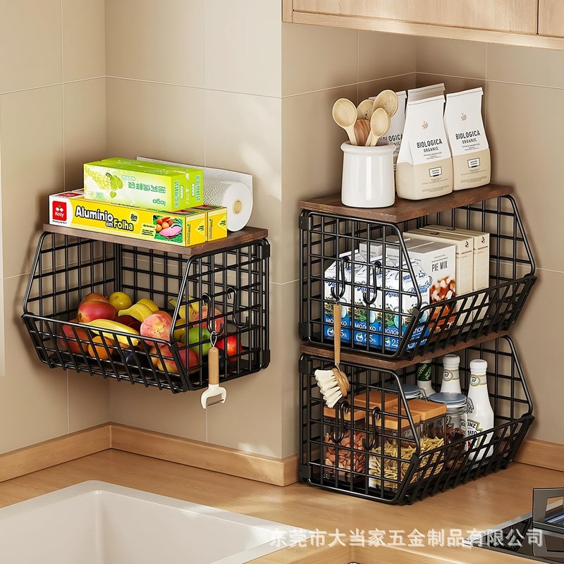 FOREENIU Hanging Kitchen Basket Wire Basket with Wood Lid,2-Pack Stackable Wall Mounted Countertop Kitchen Counter Organizer for Snack, Fruit and Vegetable Storage,Wall Mounted Produce Basket Storage - Image 4