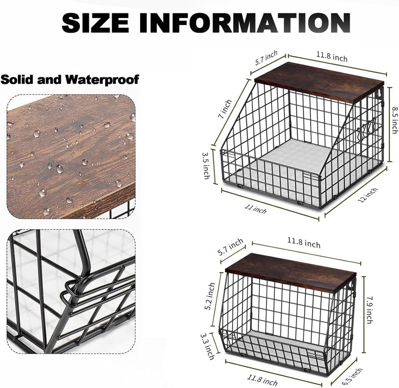 FOREENIU Hanging Kitchen Basket Wire Basket with Wood Lid,2-Pack Stackable Wall Mounted Countertop Kitchen Counter Organizer for Snack, Fruit and Vegetable Storage,Wall Mounted Produce Basket Storage - Image 3