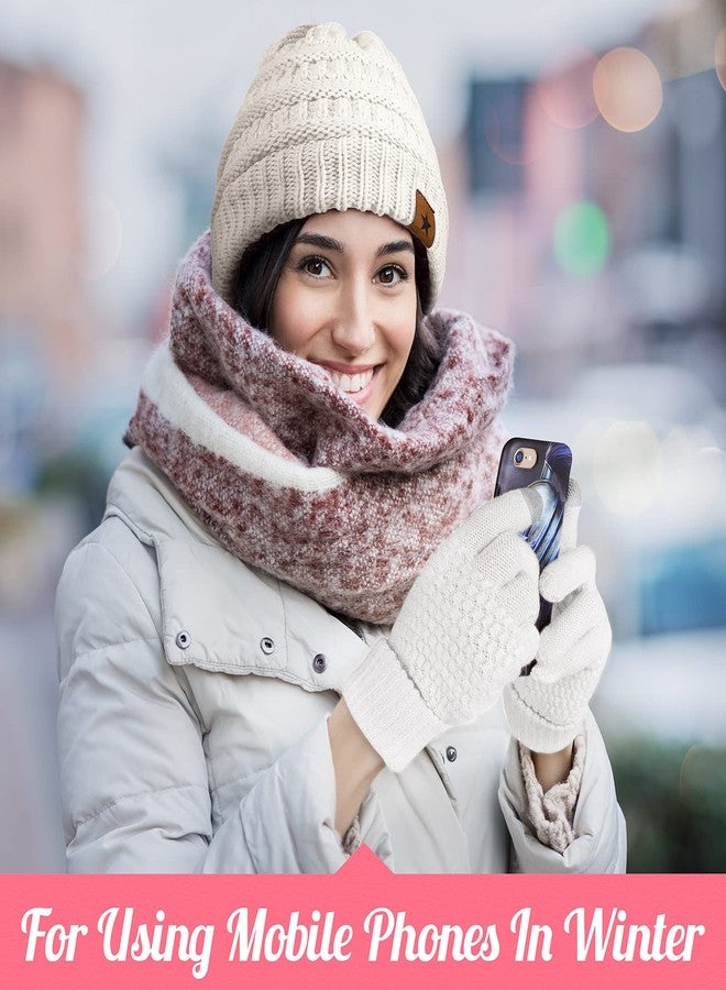 Jeere 4 Pieces Women Winter Hat Touchscreen Gloves Set Warm Women Hat Knitted Slouchy Beanie Winter Gloves for Women, Pink, White, One size - Image 5