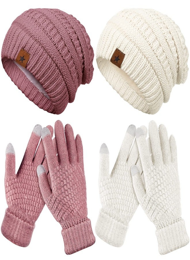 Jeere 4 Pieces Women Winter Hat Touchscreen Gloves Set Warm Women Hat Knitted Slouchy Beanie Winter Gloves for Women, Pink, White, One size - Image 1