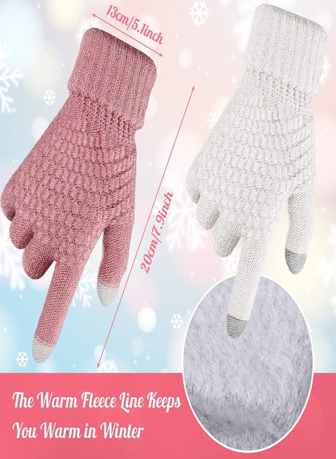 Jeere 4 Pieces Women Winter Hat Touchscreen Gloves Set Warm Women Hat Knitted Slouchy Beanie Winter Gloves for Women, Pink, White, One size - Image 3