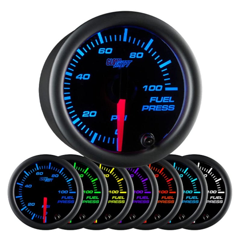 GlowShift Black 7 Color 100 PSI Fuel Pressure Gauge Kit  Includes 1827 NPT Electronic Sensor  Wiring  MultiColor Display  Black Dial  Clear Lens  for Car  Truck  2116 52mm