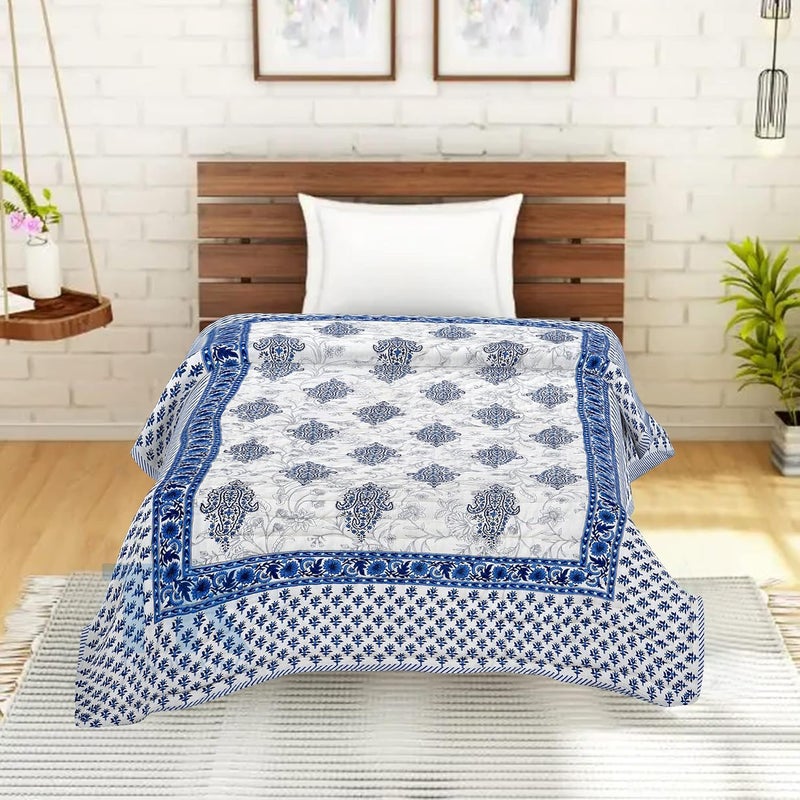 THROW KING THROW KING Rajasthani Pure Cotton Jaipuri Razai Single Bed Soft Premium Jaipuri AC QuiltRazaiRajai Floral Print Single Bed Jaipuri razai Single Bed 60 x 90 inch Blue  - Image 2