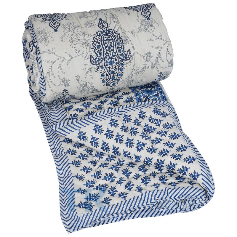 THROW KING THROW KING Rajasthani Pure Cotton Jaipuri Razai Single Bed Soft Premium Jaipuri AC QuiltRazaiRajai Floral Print Single Bed Jaipuri razai Single Bed 60 x 90 inch Blue  - Image 5