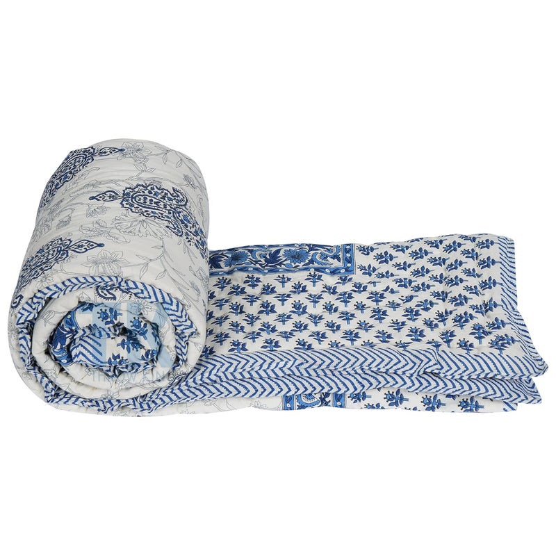 THROW KING THROW KING Rajasthani Pure Cotton Jaipuri Razai Single Bed Soft Premium Jaipuri AC QuiltRazaiRajai Floral Print Single Bed Jaipuri razai Single Bed 60 x 90 inch Blue  - Image 3