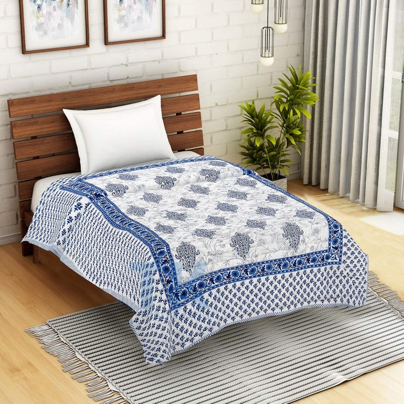 THROW KING THROW KING Rajasthani Pure Cotton Jaipuri Razai Single Bed Soft Premium Jaipuri AC QuiltRazaiRajai Floral Print Single Bed Jaipuri razai Single Bed 60 x 90 inch Blue  - Image 1