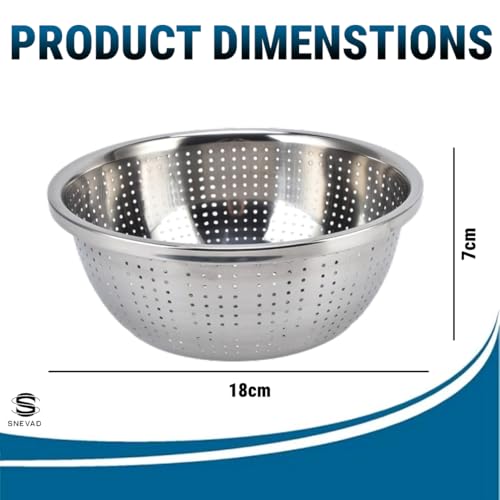Snevad Round Stainless Steel Microporous Colander & Large Bowl for Kitchen Rice Strainer for Pasta Straining,Fruit Washing Vegetable Draining Food Mixing with Salad Mixing Bowl [22x22x10 CM], Silver - Image 2