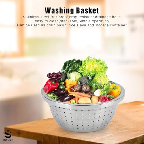 Snevad Round Stainless Steel Microporous Colander & Large Bowl for Kitchen Rice Strainer for Pasta Straining,Fruit Washing Vegetable Draining Food Mixing with Salad Mixing Bowl [22x22x10 CM], Silver - Image 4