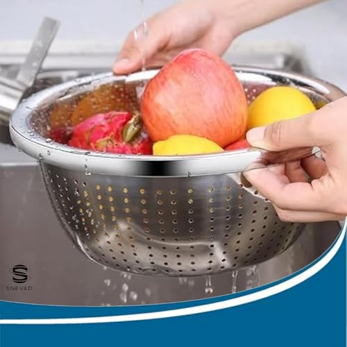 Snevad Round Stainless Steel Microporous Colander & Large Bowl for Kitchen Rice Strainer for Pasta Straining,Fruit Washing Vegetable Draining Food Mixing with Salad Mixing Bowl [22x22x10 CM], Silver - Image 3