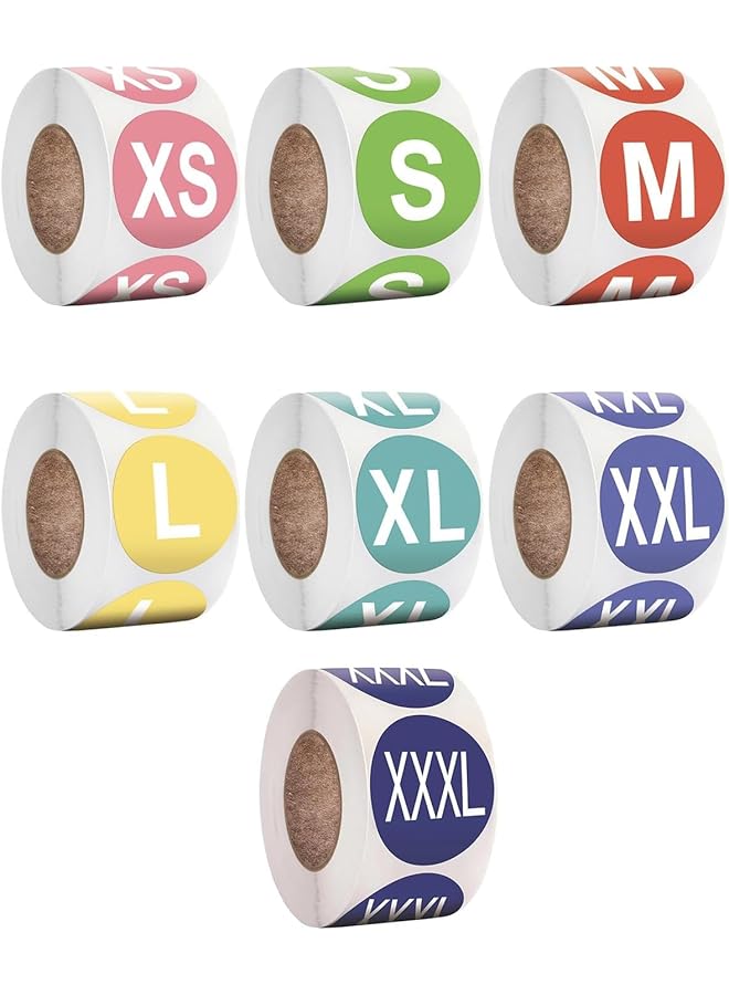 erorex 3500 Pcs 7 Sizes 1 Inch Self Adhesive Clothing Size Stickers Labels Rolls For T Shirts Trousers Skirt Retail And Home Xs Sml Xl Xxl Xxxl  - Image 1