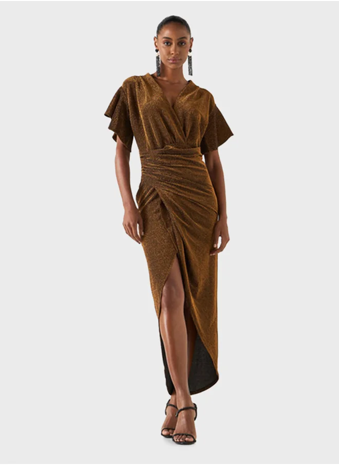 2Xtremz Textured Flutter Sleeve V- Neck Dress