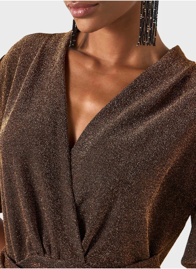 2Xtremz Textured Flutter Sleeve V- Neck Dress