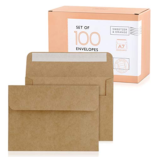 Sweetzer & Orange A7 Brown Self Seal Envelopes, 100 Pack, 5x7 Inches(True 5.25 x 7.25 in.), Kraft 150gsm, Blank Envelopes for Invitations, Wedding, and Mailing - Image 1