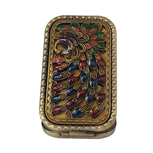Jtbling Bronze Peacock Vintage Metal Retro Portable Mini Mirror Rectangular Cosmetic Fold Mirror 1X/2X Magnifying Pocket Makeup Mirror Compact Travel Mirror Handheld Mirror Flip Mirror - Image 2