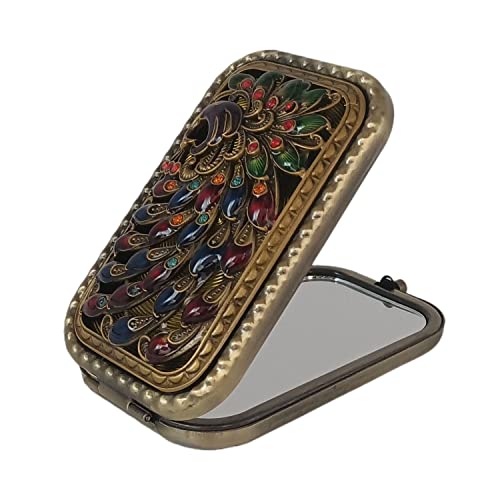 Jtbling Bronze Peacock Vintage Metal Retro Portable Mini Mirror Rectangular Cosmetic Fold Mirror 1X/2X Magnifying Pocket Makeup Mirror Compact Travel Mirror Handheld Mirror Flip Mirror - Image 1