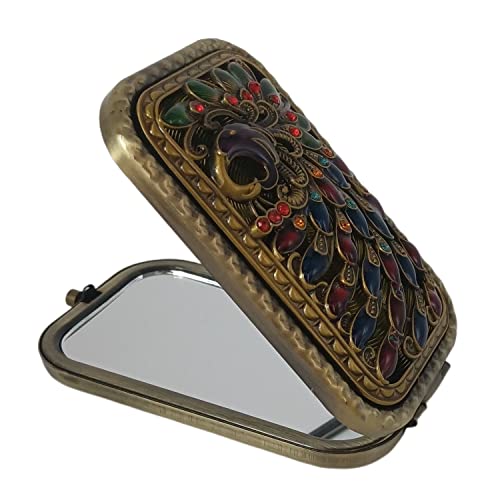 Jtbling Bronze Peacock Vintage Metal Retro Portable Mini Mirror Rectangular Cosmetic Fold Mirror 1X/2X Magnifying Pocket Makeup Mirror Compact Travel Mirror Handheld Mirror Flip Mirror - Image 3