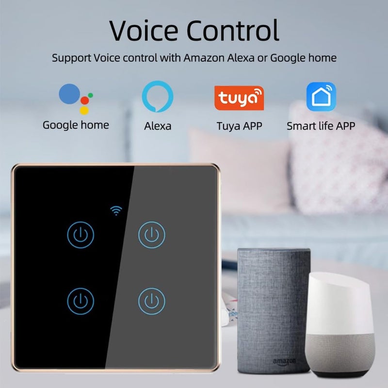 Tichondrius WiFi Smart Wall Light Switch, Metal Border Touch Switches, Glass Panel, No Neutral Wire Required, Remote Control Smart Life/Tuya App, Work with Alexa, Google Home (Black Gold, 4 Gang) - Image 5