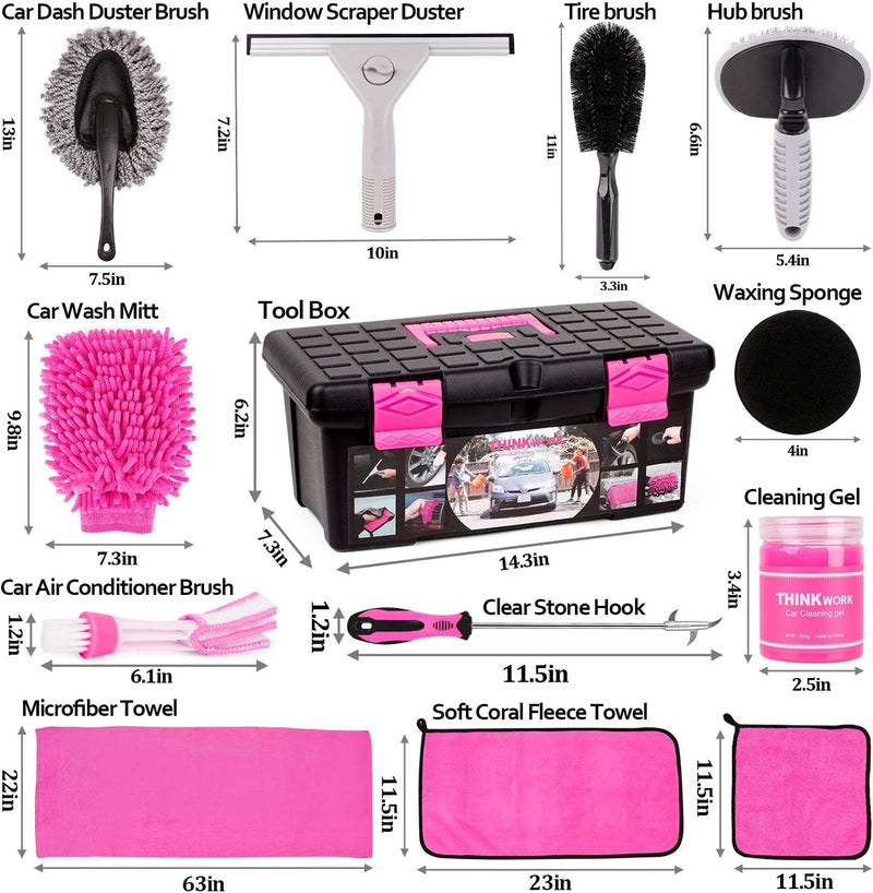 THINKWORK Pink Car Detailing Cleaning Kit, Car Wash Kit, Car Accessories for Women Suitable for Small and Medium Vehicles Such As Cars, Trucks, Suvs(17pcs) - Image 2