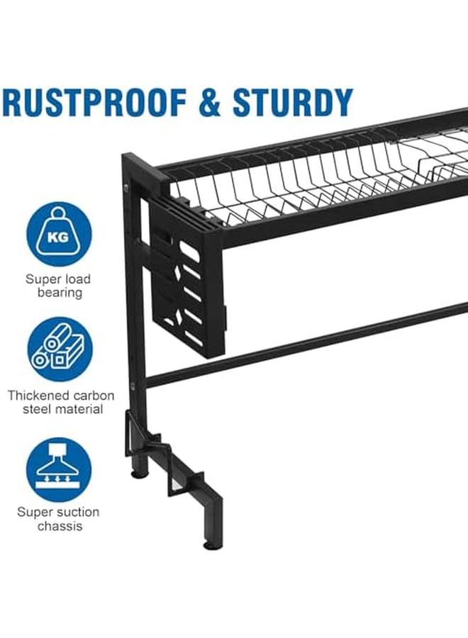 سكاي تاتش رف تجفيف الأطباق فوق الحوض، تجفيف الأطباق من الفولاذ المقاوم للصدأ مناسب لطول الحوض 95 سم مع صينية التنقيط وسلة أدوات المائدة سعة كبيرة لسطح المطبخ وتوفير المساحة مع الخطافات باللون الأسود - Image 3