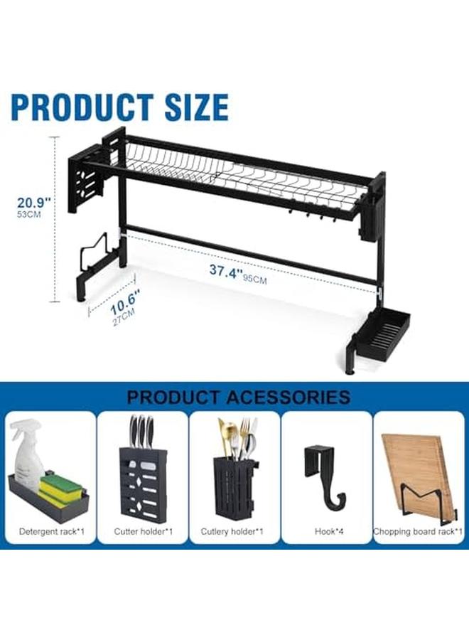 سكاي تاتش رف تجفيف الأطباق فوق الحوض، تجفيف الأطباق من الفولاذ المقاوم للصدأ مناسب لطول الحوض 95 سم مع صينية التنقيط وسلة أدوات المائدة سعة كبيرة لسطح المطبخ وتوفير المساحة مع الخطافات باللون الأسود - Image 4