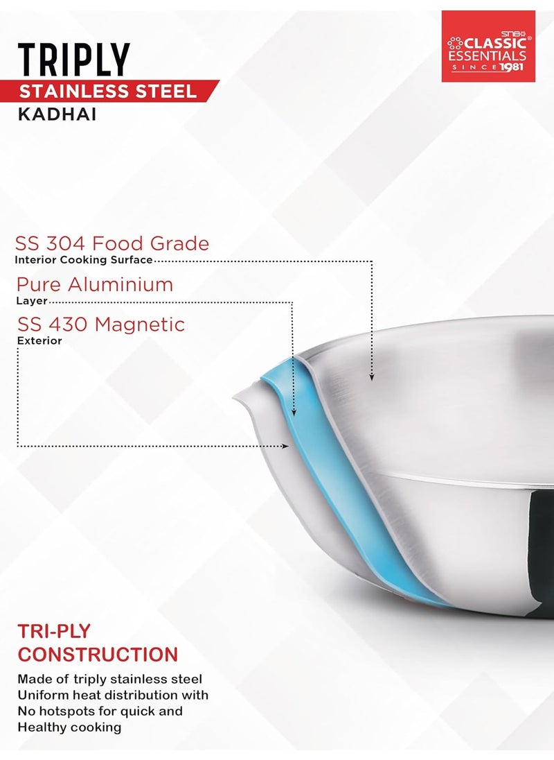 Classic Essentials CLASSIC ESSENTIALS Triply Stainless Steel Kadai Induction Friendly Nonstick 3Layer Body100 ToxinFree No Chemical Coating Silver Medium 24cm 25L for 34 People  - Image 3