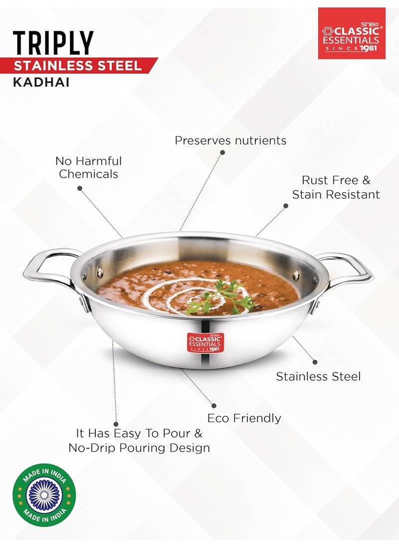 Classic Essentials CLASSIC ESSENTIALS Triply Stainless Steel Kadai Induction Friendly Nonstick 3Layer Body100 ToxinFree No Chemical Coating Silver Medium 24cm 25L for 34 People  - Image 2