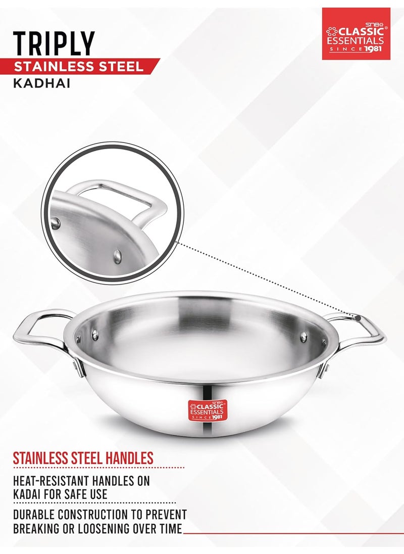 Classic Essentials CLASSIC ESSENTIALS Triply Stainless Steel Kadai Induction Friendly Nonstick 3Layer Body100 ToxinFree No Chemical Coating Silver Medium 24cm 25L for 34 People  - Image 4