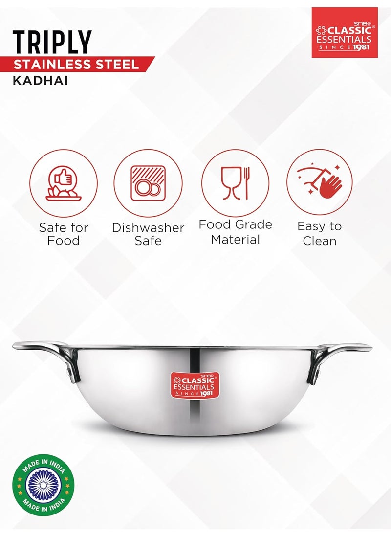 Classic Essentials CLASSIC ESSENTIALS Triply Stainless Steel Kadai Induction Friendly Nonstick 3Layer Body100 ToxinFree No Chemical Coating Silver Medium 24cm 25L for 34 People  - Image 5