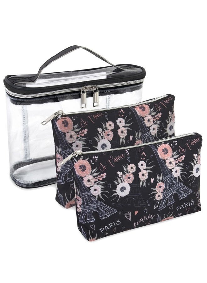 Emma & Chloe - 3 Piece Toiletry Bag Set, Waterproof Home or Travel Cosmetic Train Case Makeup Bags for Women with Handle and Zipper (Paris Je T'aime) - Image 1