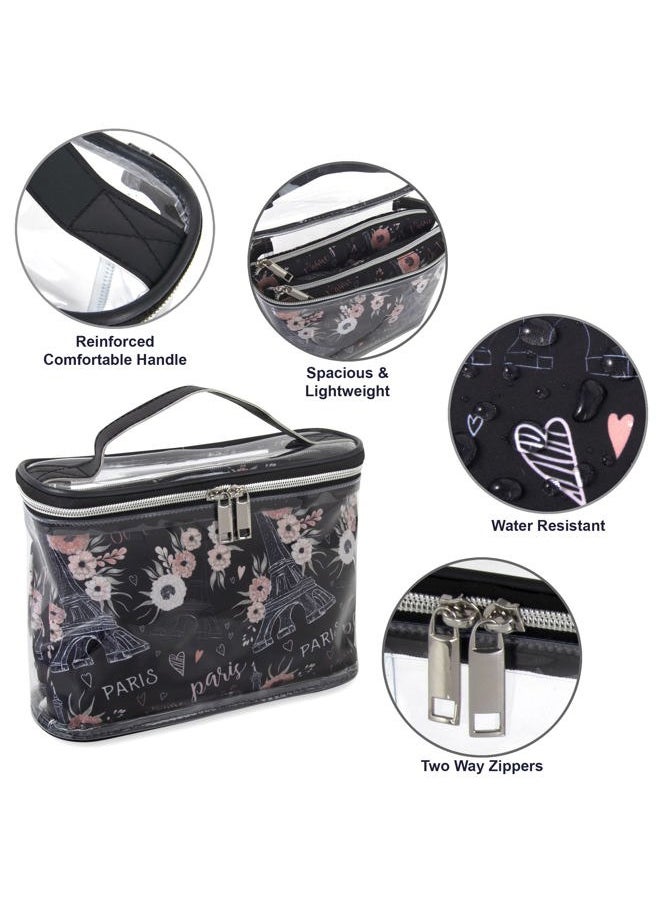 Emma & Chloe - 3 Piece Toiletry Bag Set, Waterproof Home or Travel Cosmetic Train Case Makeup Bags for Women with Handle and Zipper (Paris Je T'aime) - Image 1