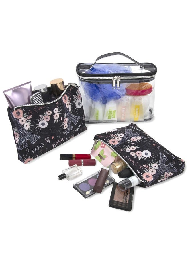 Emma & Chloe - 3 Piece Toiletry Bag Set, Waterproof Home or Travel Cosmetic Train Case Makeup Bags for Women with Handle and Zipper (Paris Je T'aime) - Image 1