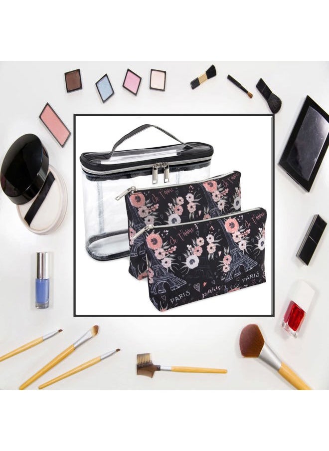 Emma & Chloe - 3 Piece Toiletry Bag Set, Waterproof Home or Travel Cosmetic Train Case Makeup Bags for Women with Handle and Zipper (Paris Je T'aime) - Image 1