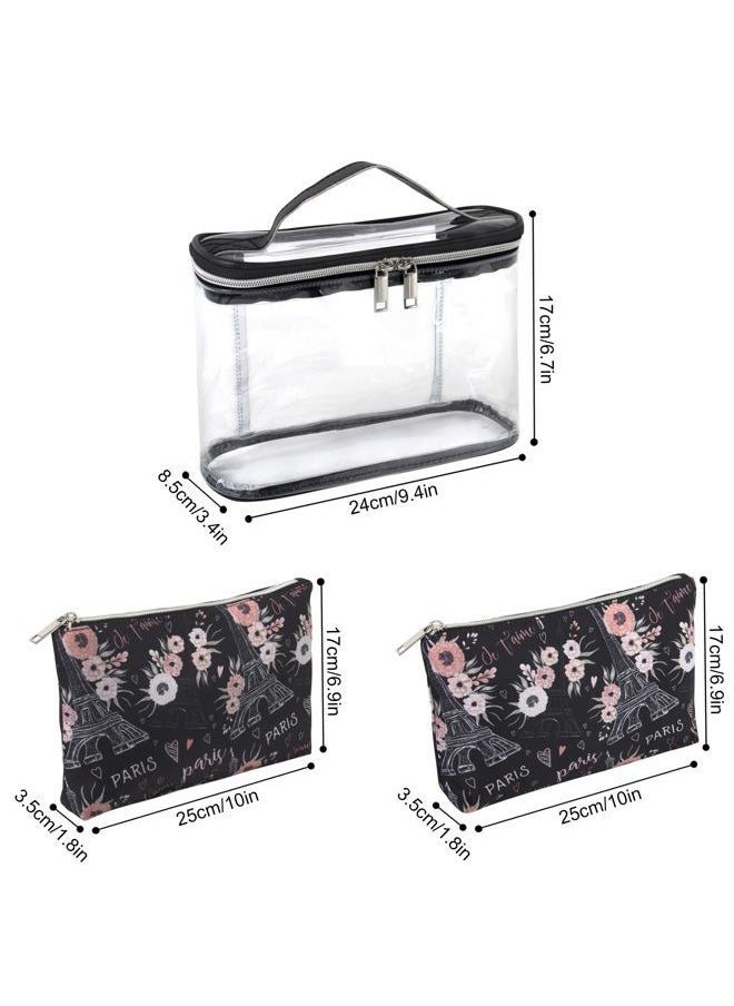 Emma & Chloe - 3 Piece Toiletry Bag Set, Waterproof Home or Travel Cosmetic Train Case Makeup Bags for Women with Handle and Zipper (Paris Je T'aime) - Image 1