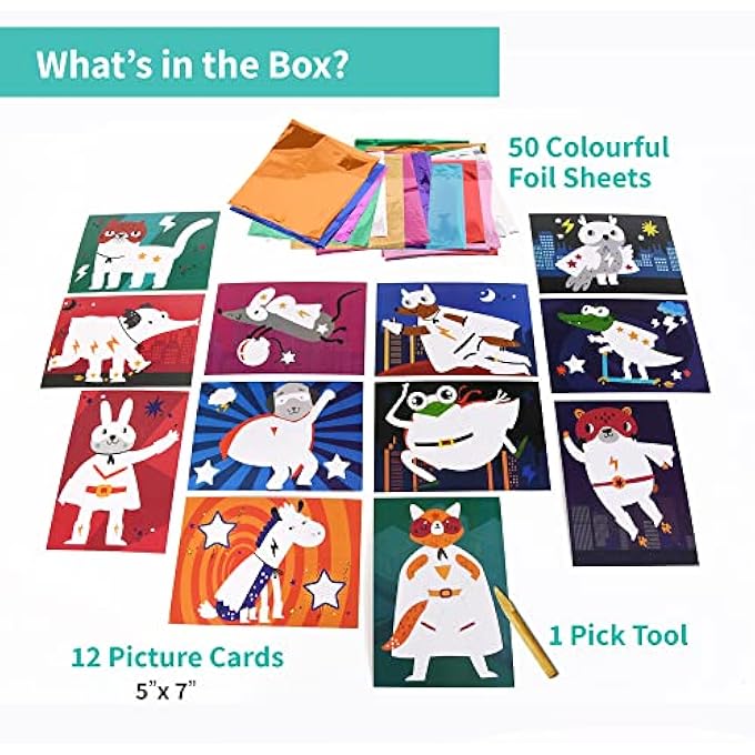 ART AND CRAFT KIT, FABULOUS FOIL ART, GIFT FOR BOYS, GIRLS AGE 4-9 YEAR OLD, CREATE 12 SUPERHERO ANIMALS THEME PICTURES, CREATIVE TOYS FOR KIDS - Image 2