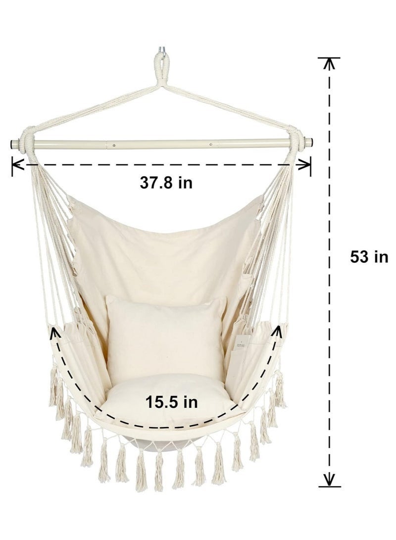 عربست كرسي أرجوحة معلق بحبل، مصنوع من القطن عالي الجودة، كرسي معلق كبير بتقنية المكرمية مع جيب ووسادتين، يتحمل وزنًا يصل إلى 150 كجم. يتميز بسهولة النقل، مثالي للشرفة أو التراس أو الحديقة الخلفية. - Image 5