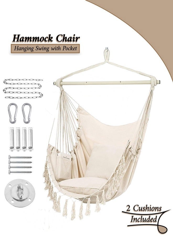 عربست كرسي أرجوحة معلق بحبل، مصنوع من القطن عالي الجودة، كرسي معلق كبير بتقنية المكرمية مع جيب ووسادتين، يتحمل وزنًا يصل إلى 150 كجم. يتميز بسهولة النقل، مثالي للشرفة أو التراس أو الحديقة الخلفية. - Image 1