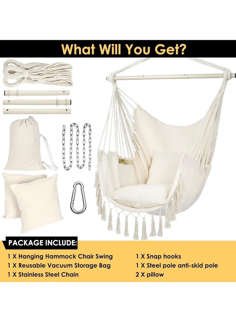 عربست كرسي أرجوحة معلق بحبل، مصنوع من القطن عالي الجودة، كرسي معلق كبير بتقنية المكرمية مع جيب ووسادتين، يتحمل وزنًا يصل إلى 150 كجم. يتميز بسهولة النقل، مثالي للشرفة أو التراس أو الحديقة الخلفية. - Image 3