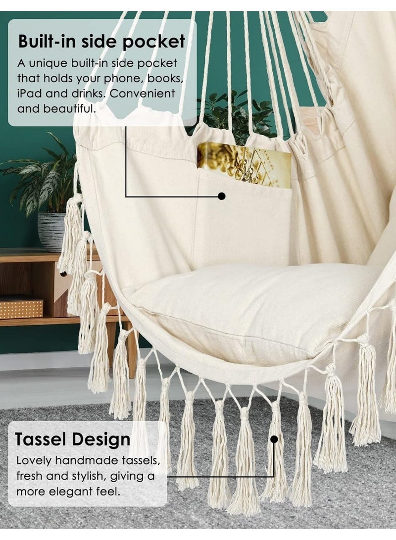 عربست كرسي أرجوحة معلق بحبل، مصنوع من القطن عالي الجودة، كرسي معلق كبير بتقنية المكرمية مع جيب ووسادتين، يتحمل وزنًا يصل إلى 150 كجم. يتميز بسهولة النقل، مثالي للشرفة أو التراس أو الحديقة الخلفية. - Image 4