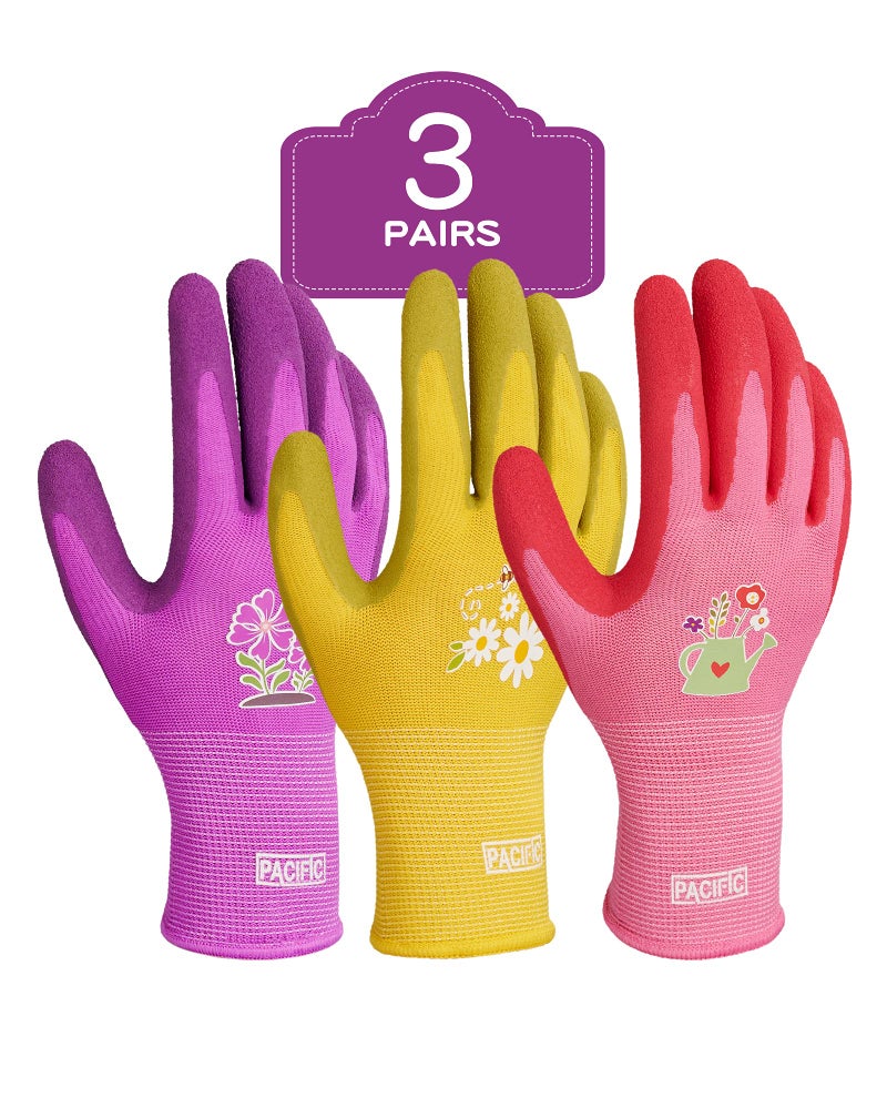 PACIFIC PPE قفازات حديقة 3 أزواج للنساء، قفازات حديقة مطلية بالمطاط، قفازات عمل في الحديقة للسيدات، قابلة للتنفس، بنفسجي وأصفر وأحمر، متوسط - Image 1