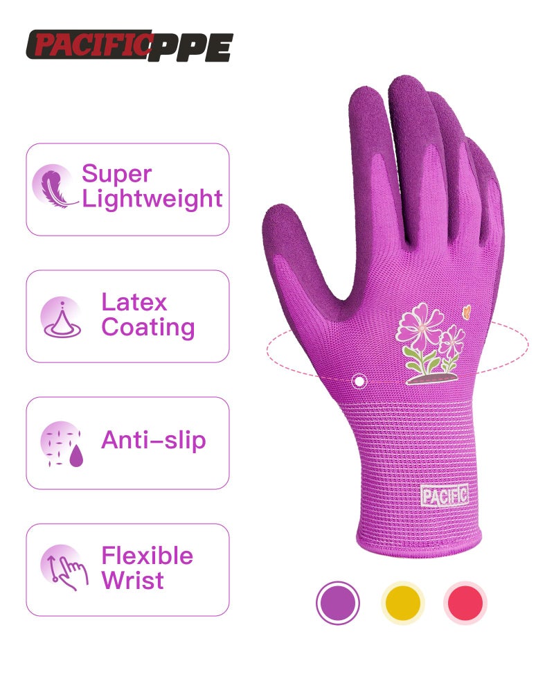 PACIFIC PPE قفازات حديقة 3 أزواج للنساء، قفازات حديقة مطلية بالمطاط، قفازات عمل في الحديقة للسيدات، قابلة للتنفس، بنفسجي وأصفر وأحمر، متوسط - Image 2