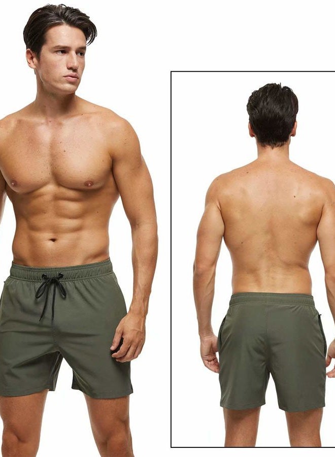 Tyhengta Men's Stretch Swim Trunks Quick Dry Beach Shorts with Zipper Pockets and Mesh Lining ArmyGreen 38 - Image 2