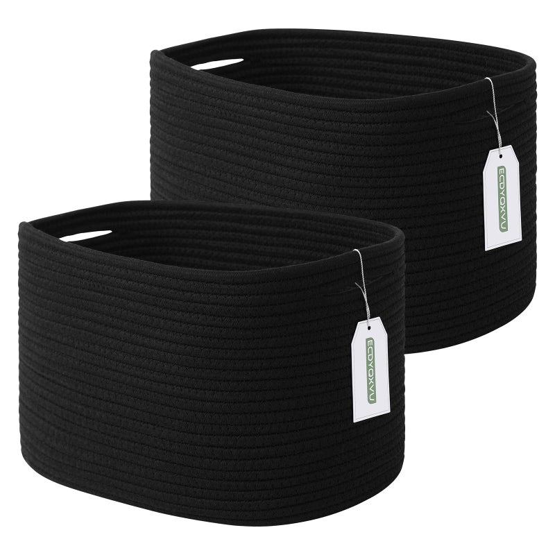 ECDYQXVU Cotton Rope Storage Basket, 15x10x9 Inches, Woven Basket for Shelves, Clothes, Towels, Books, and Laundry, Black (2 Pack) - Image 1