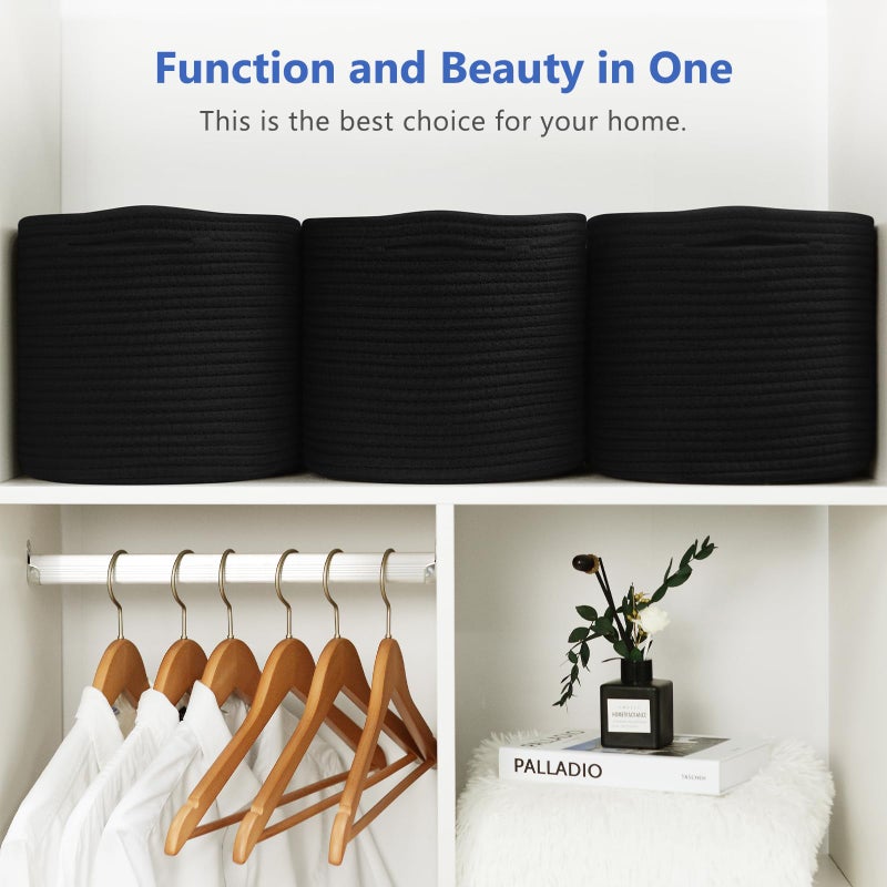 ECDYQXVU Cotton Rope Storage Basket, 15x10x9 Inches, Woven Basket for Shelves, Clothes, Towels, Books, and Laundry, Black (2 Pack) - Image 4