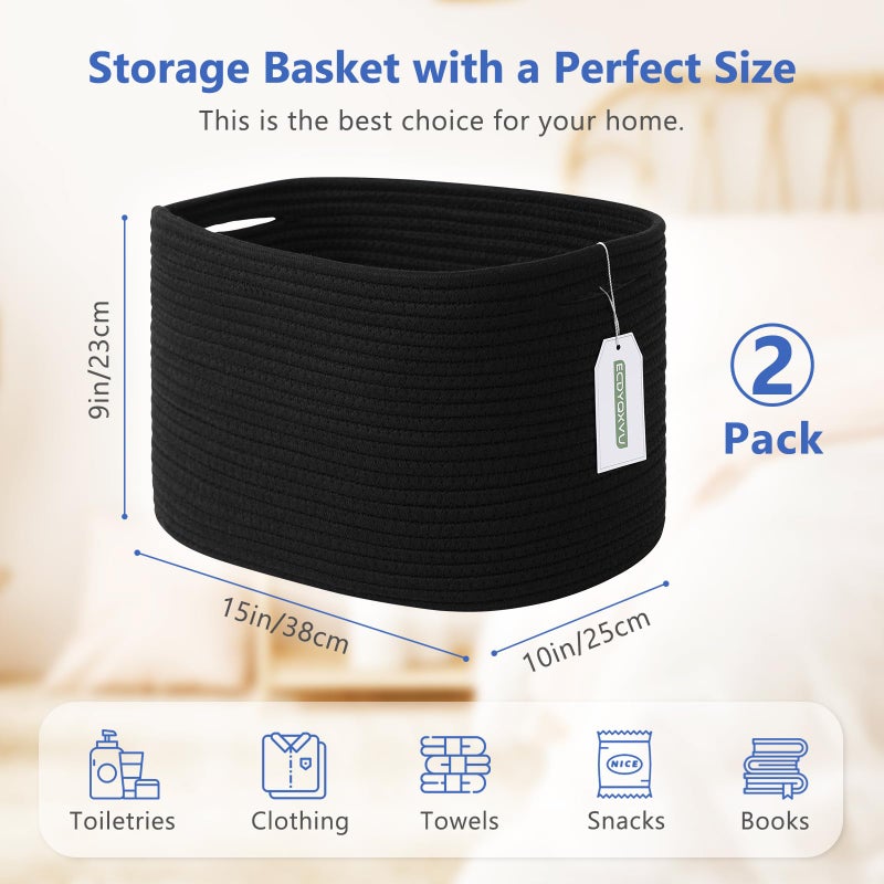 ECDYQXVU Cotton Rope Storage Basket, 15x10x9 Inches, Woven Basket for Shelves, Clothes, Towels, Books, and Laundry, Black (2 Pack) - Image 3