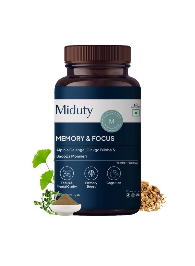 Miduty Memory and Focus For Brain Health Supplement, Brain Booster for Adults, Alpinia Galanga Pack- 60 Capsules - Image 1