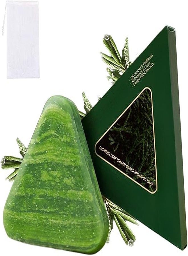 Green Triangle Herbal Soap Shampoo Bar with Usman Grass | Natural Cypress Leaf Solid Shampoo for Hair Strengthening, Calming Scalp Care for Men & Women - Image 1