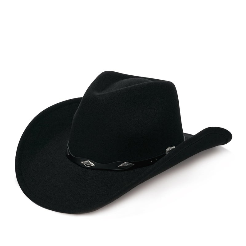 YOUBADU Faux Suede Felt Western Cowboy Hat for Women or Men, Wide Brim, Rivet Strap (US, Alpha, One Size, Medium, Black) - Image 1