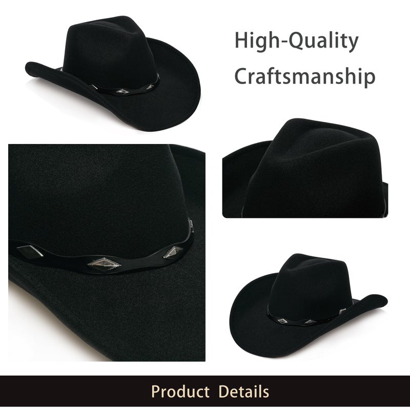YOUBADU Faux Suede Felt Western Cowboy Hat for Women or Men, Wide Brim, Rivet Strap (US, Alpha, One Size, Medium, Black) - Image 5